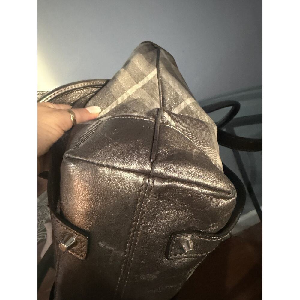 Burberry Shimmer Check Gray Canvas Leather Handle Shoulder Bag Authentic - Picture 10 of 13